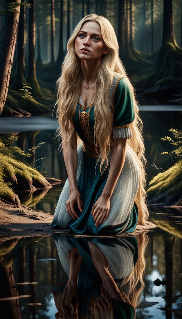 Realistic Girl Reflecting in Forest Lake