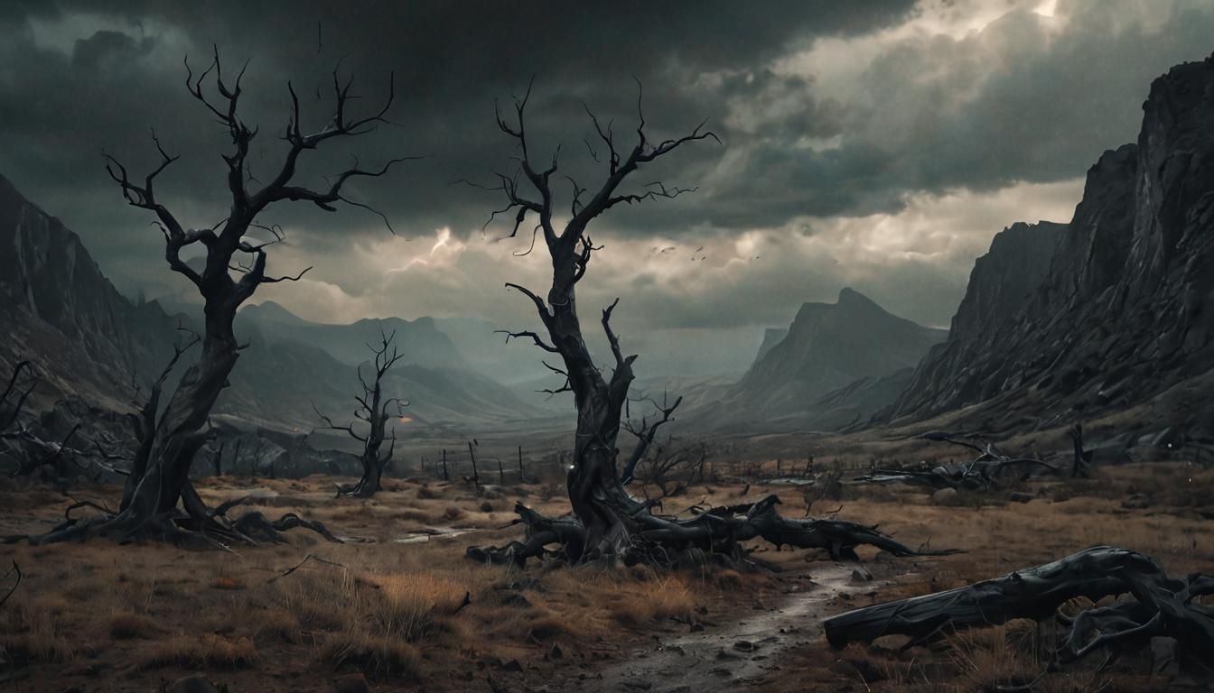 Dark Fantasy Landscape with Swirling Sky