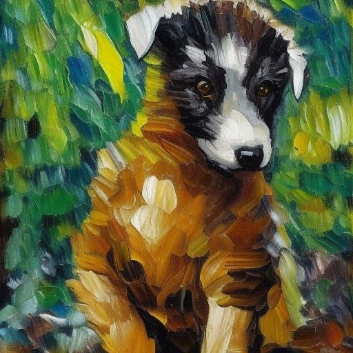 Lapponian Herder Puppy in Jungle, Neo-Impressionism Painting