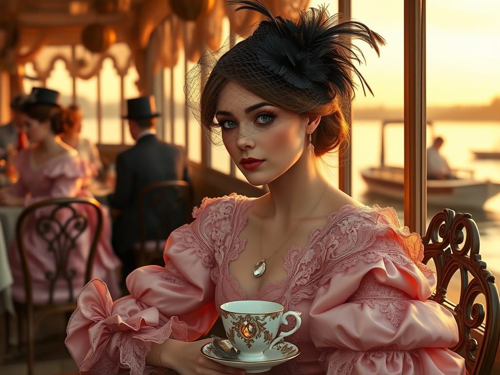 Elegant 19th-Century Lakeside Cafe in Warm Golden Light