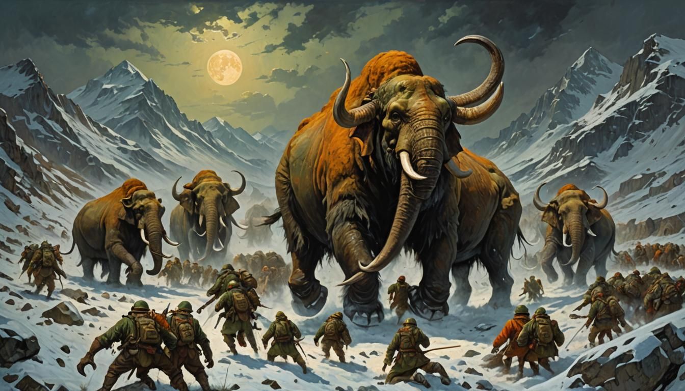 Zombie Mastodons Cross Alps in James Gurney Style