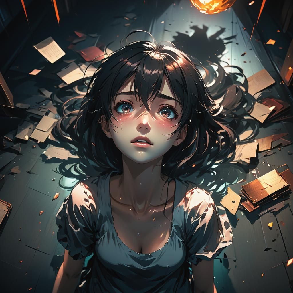 Melancholy Anime Girl in Dark Room: Studio Trigger Style