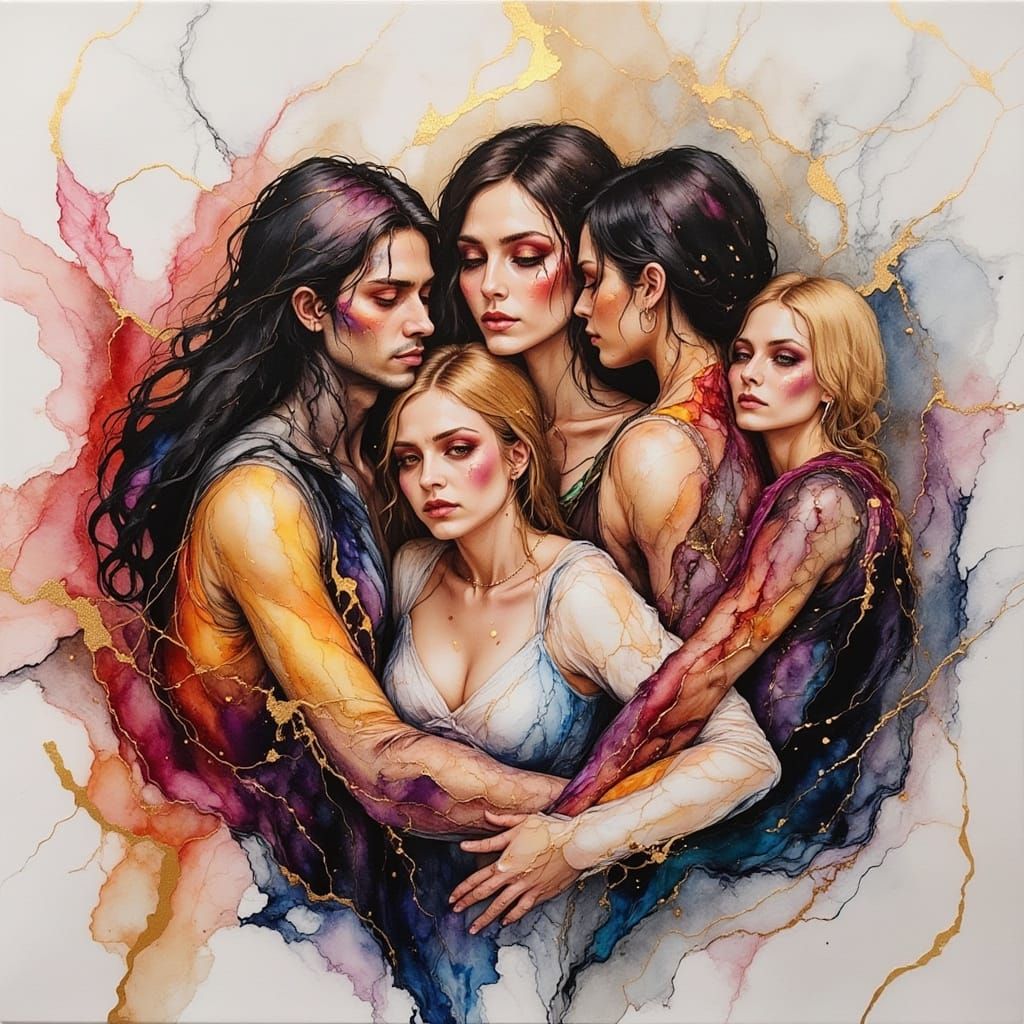 Diverse Group Embraces in Ethereal Watercolor Style