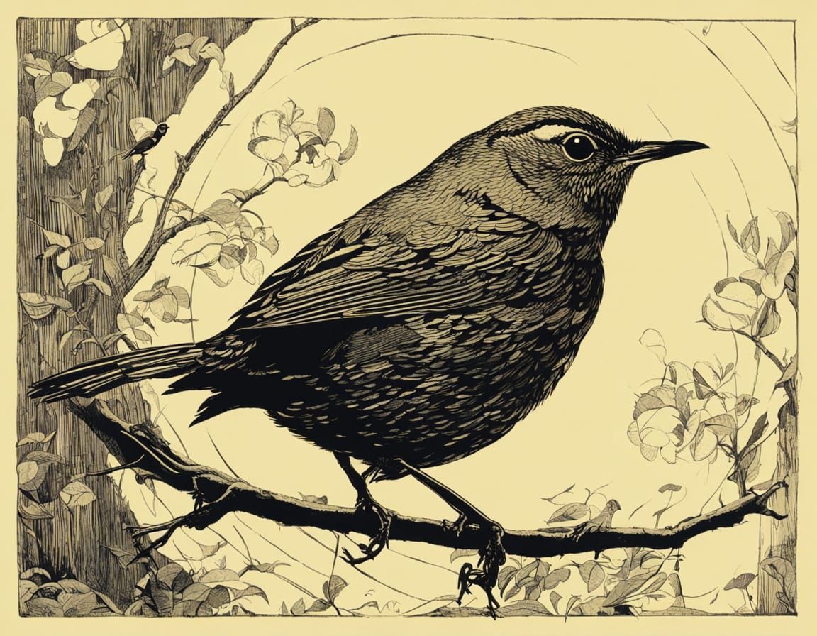 Surreal Woodcut-Inspired Wren Sings Spring Song