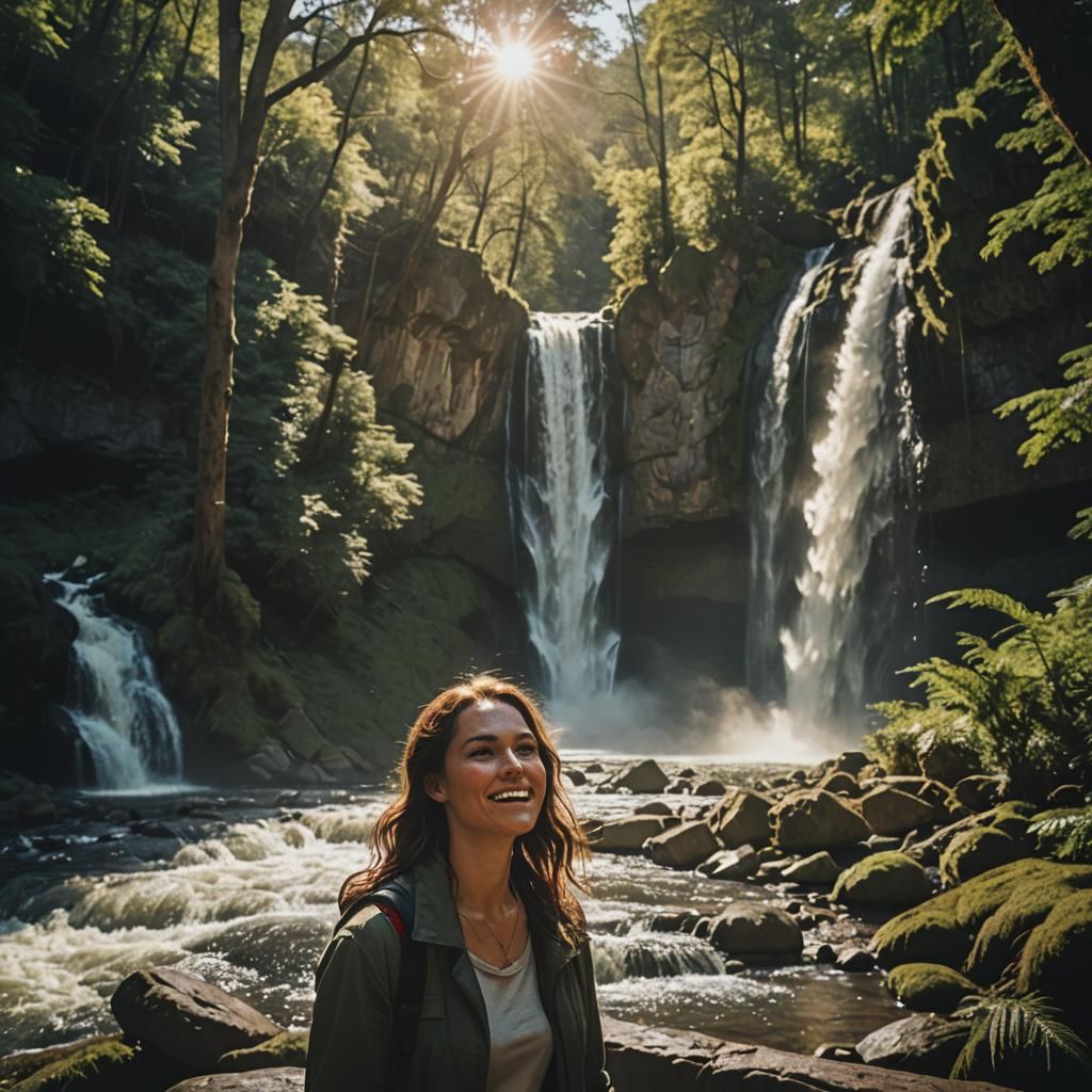 Cinematic Fantasy Forest with Waterfall and Strong Woman