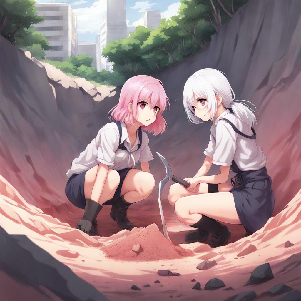 Anime Girls Excavating: Manga Style Digital Art