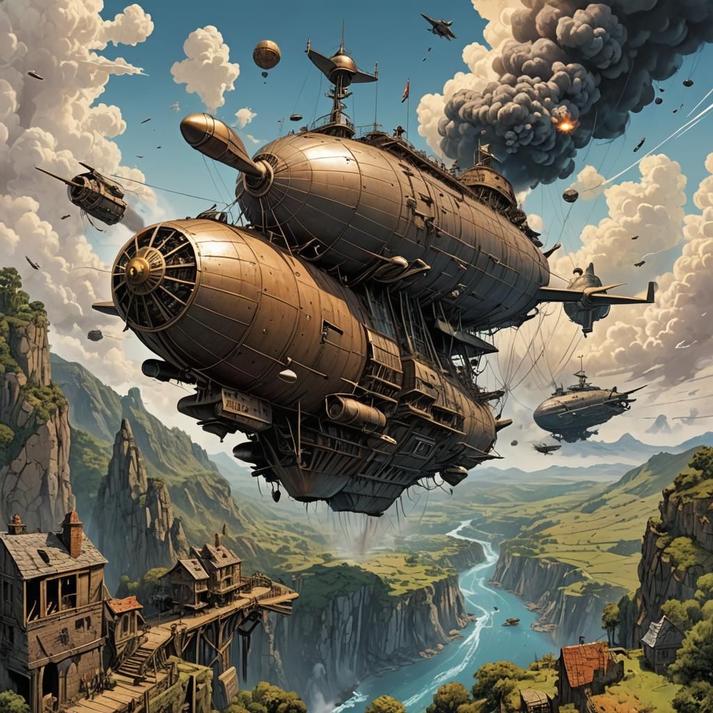 Airship Over War-Torn Landscape in Comic Book Art