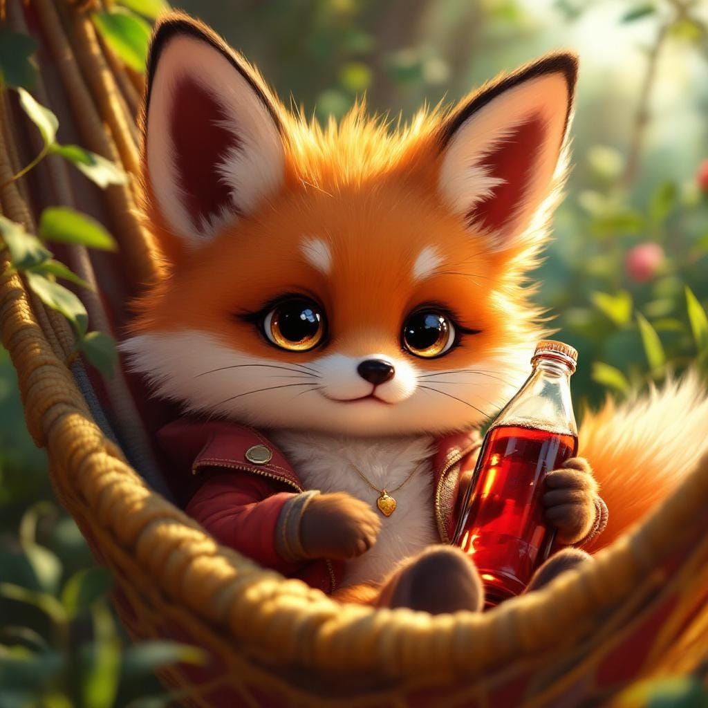 Chibi Fox Relaxing in Hammock: Hyperrealistic Oil Painting