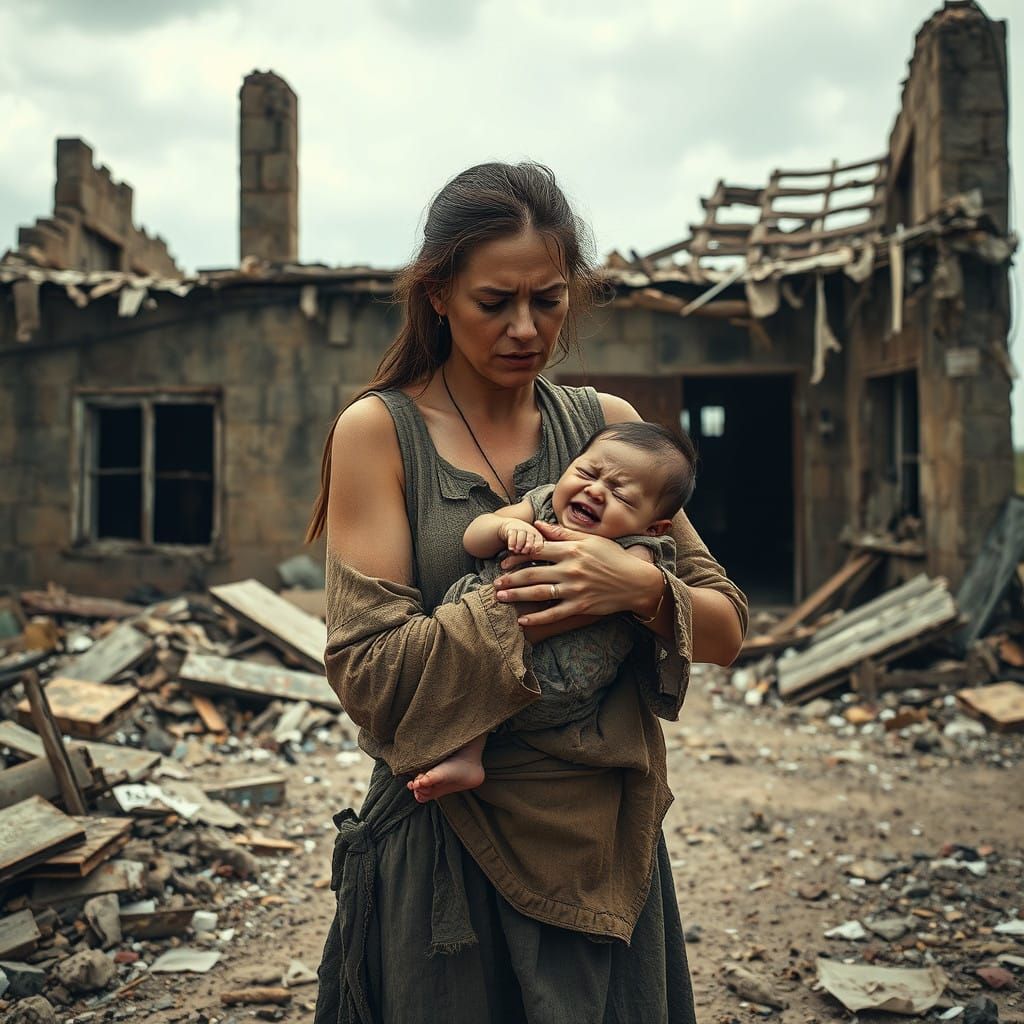 Woman in Ruins Cradles Crying Baby Amidst Devastated Home