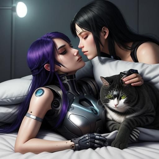 Cyberpunk Girls' Goodnight Kiss with Cyborg Cat
