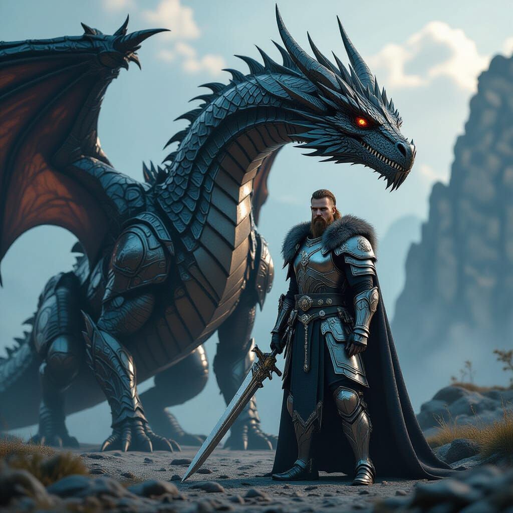 Viking Warrior and Dragon with Sci-Fi Mech Details