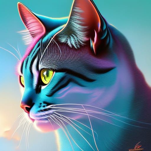 Holographic Cat in Cosmic Cyberpunk Style