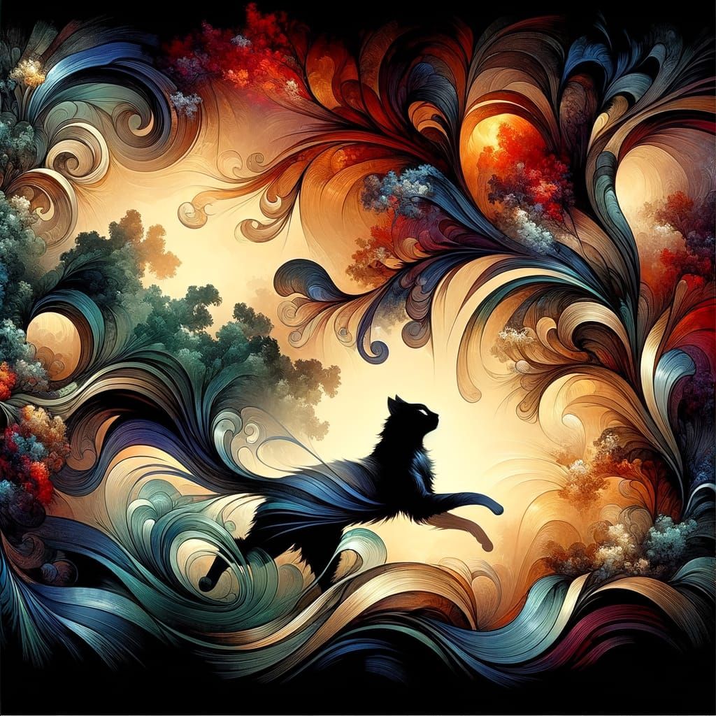 Black Cat Dances Through Enchanted Forest in Meiji Era Style