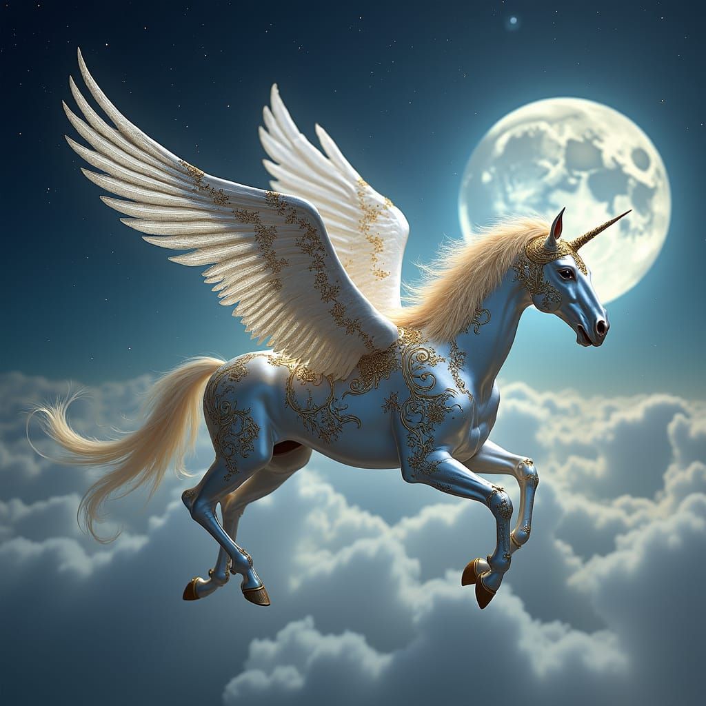 Ethereal Pegasus with Silver and Gold Filigree
