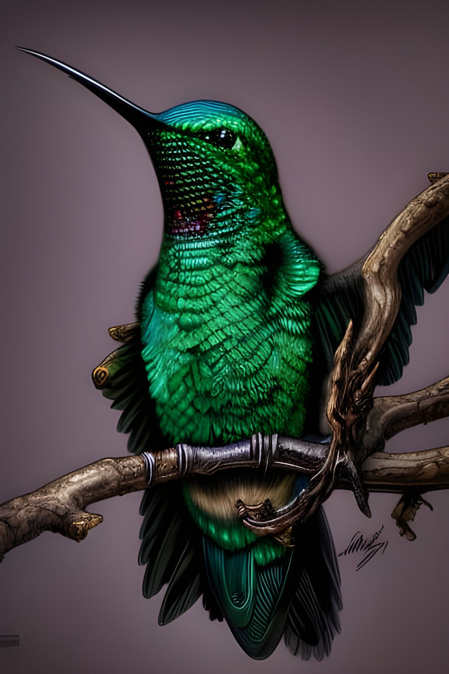 Emerald Hummingbird Rococo Illustration in Vibrant Green