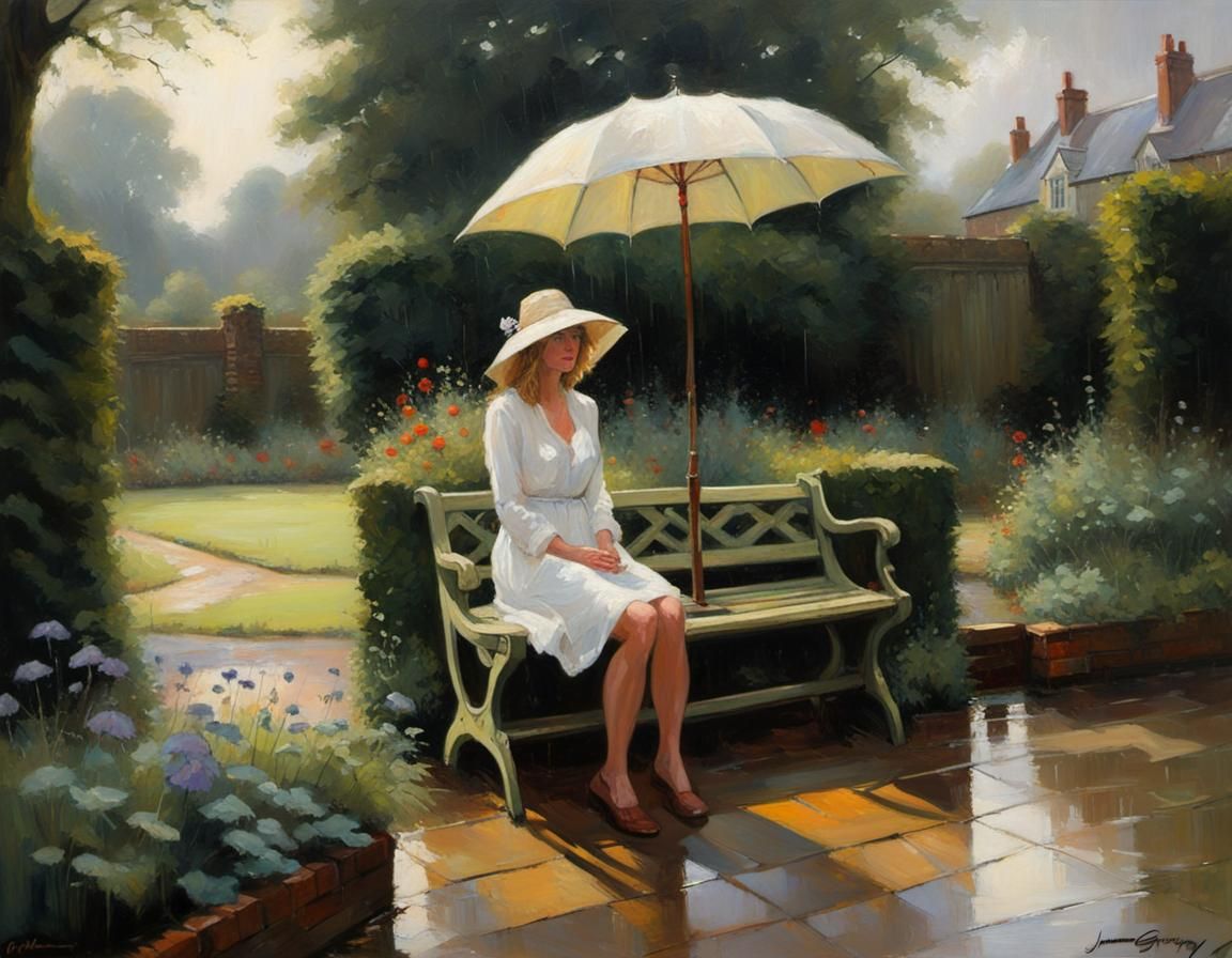 English Garden Scene as Oil Painting