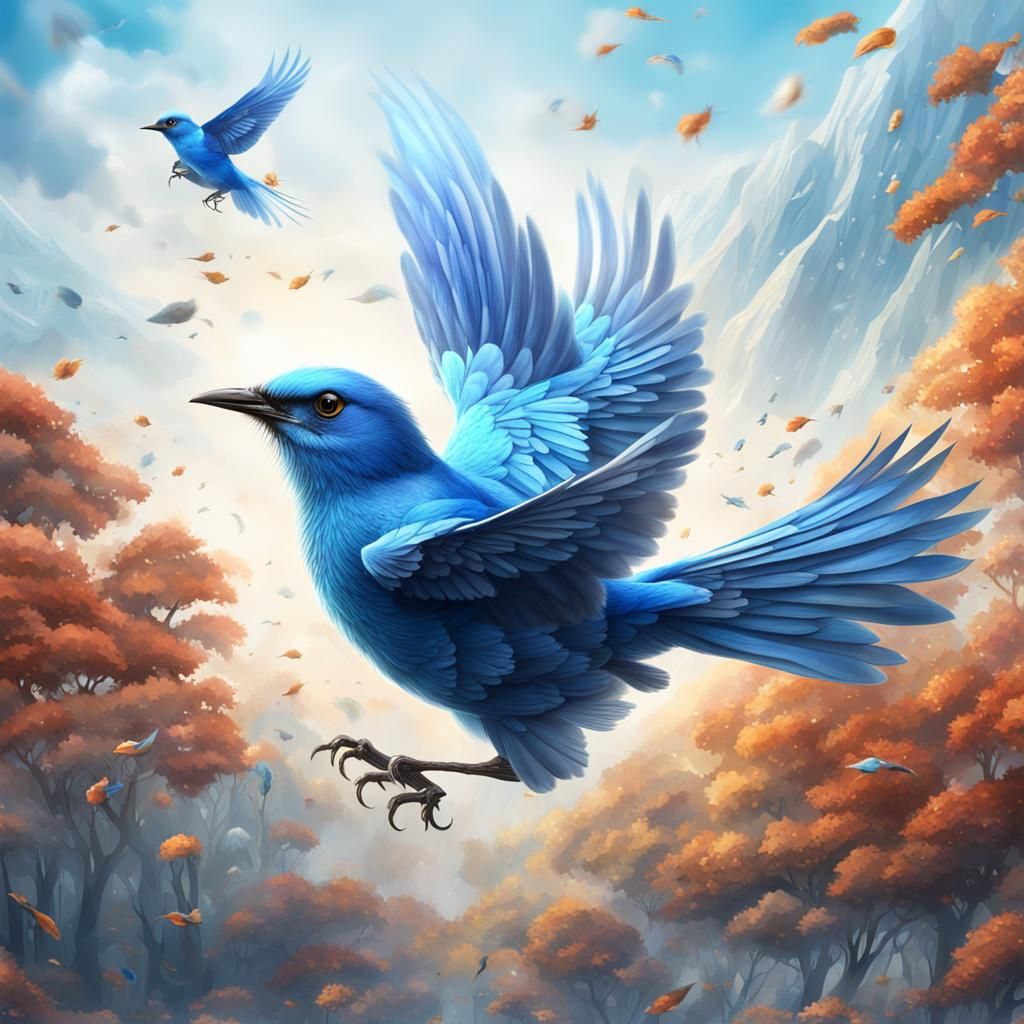 Blue Bird Flying in a Colorful Sky