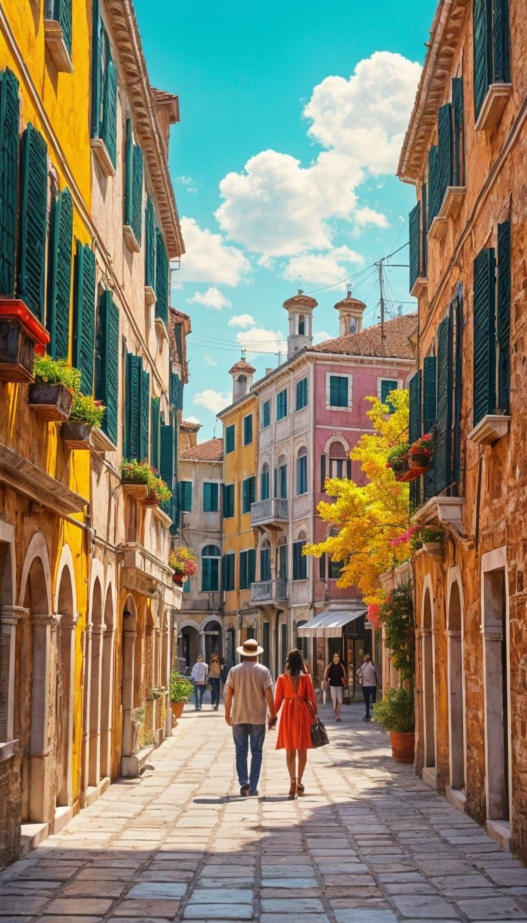 Sunny Venetian Street Scene with Autumn Colors