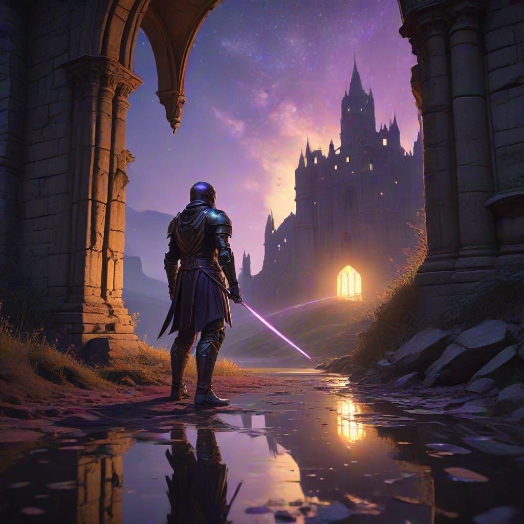 Elegant Knight in Black Armor Admires Ruined Castle Under St...