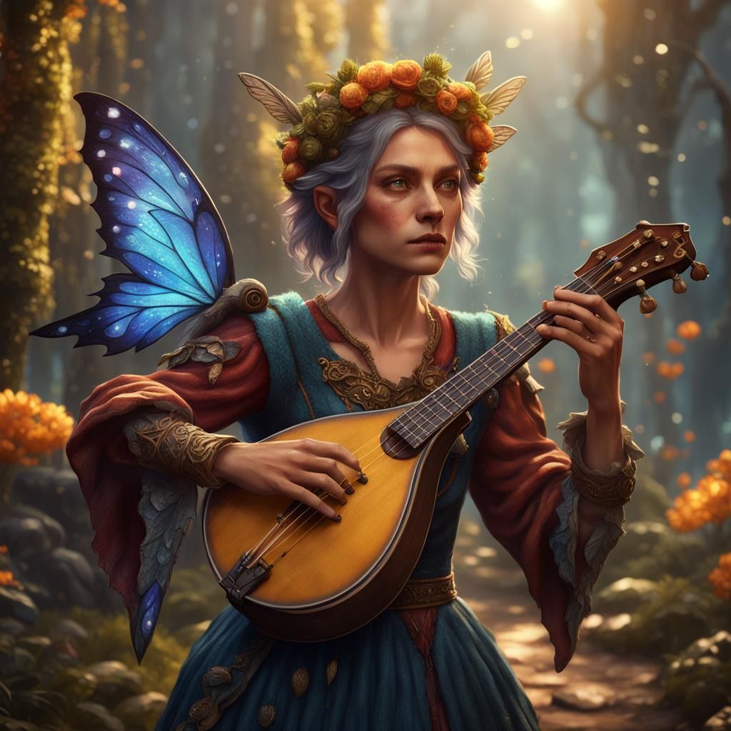 Fantasy Fairy Bard with Mandolin, Detailed Digital Art