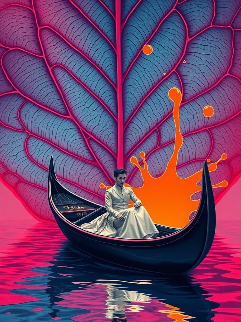 Surreal Gondola Scene on Giant Leaf