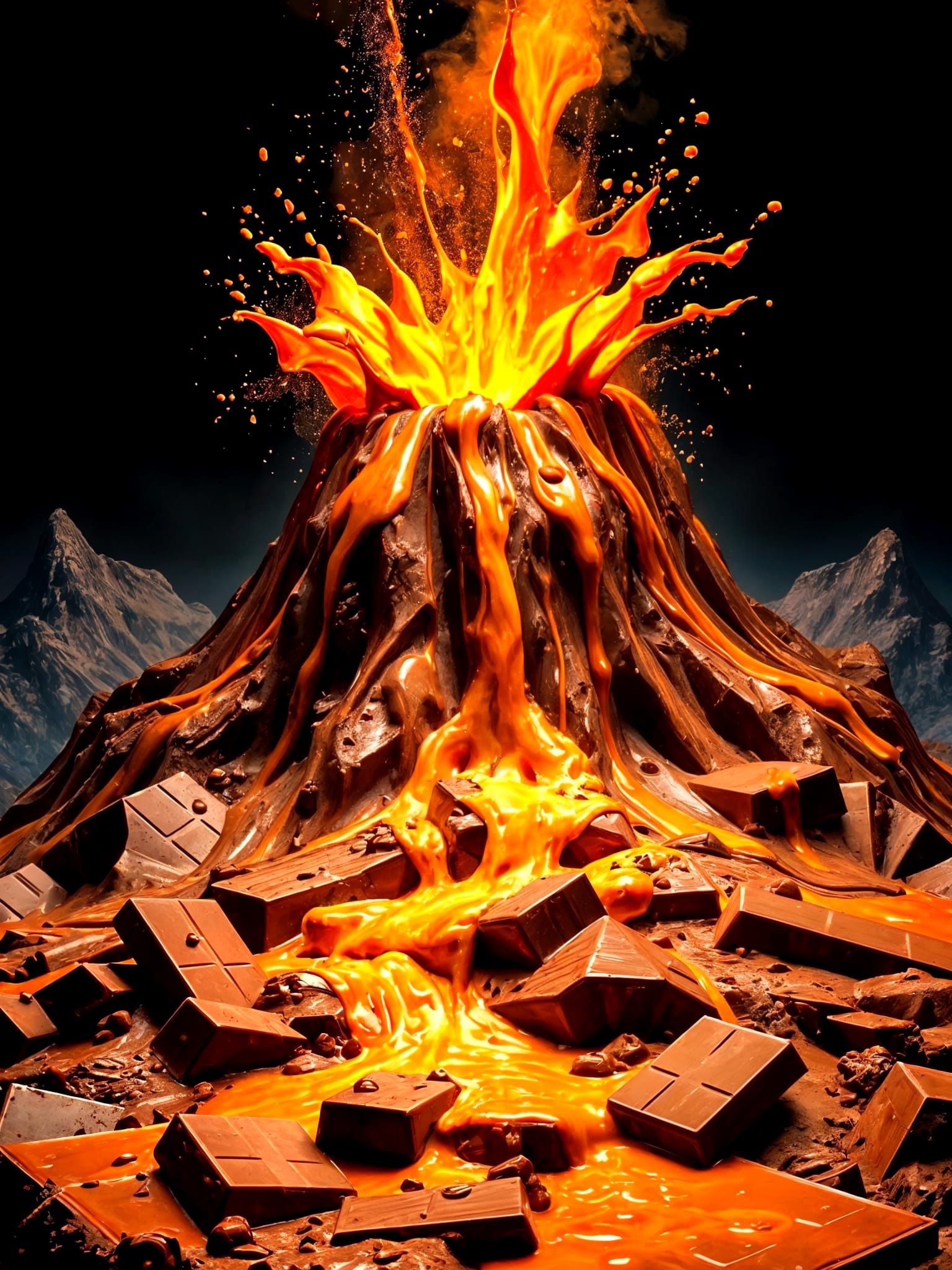 Chocolate Volcano Eruption in Magic Realism Style