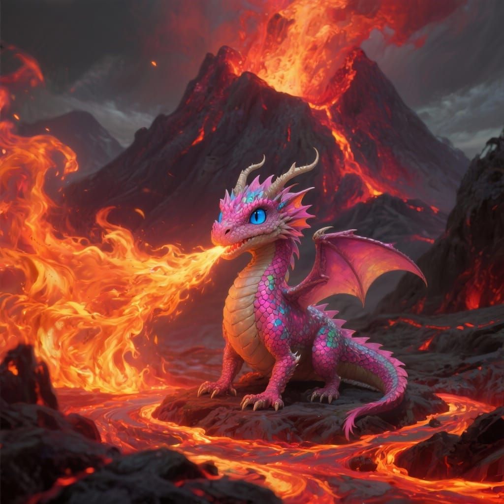 Mythical Dragon in Active Volcano, Digital Matte Painting