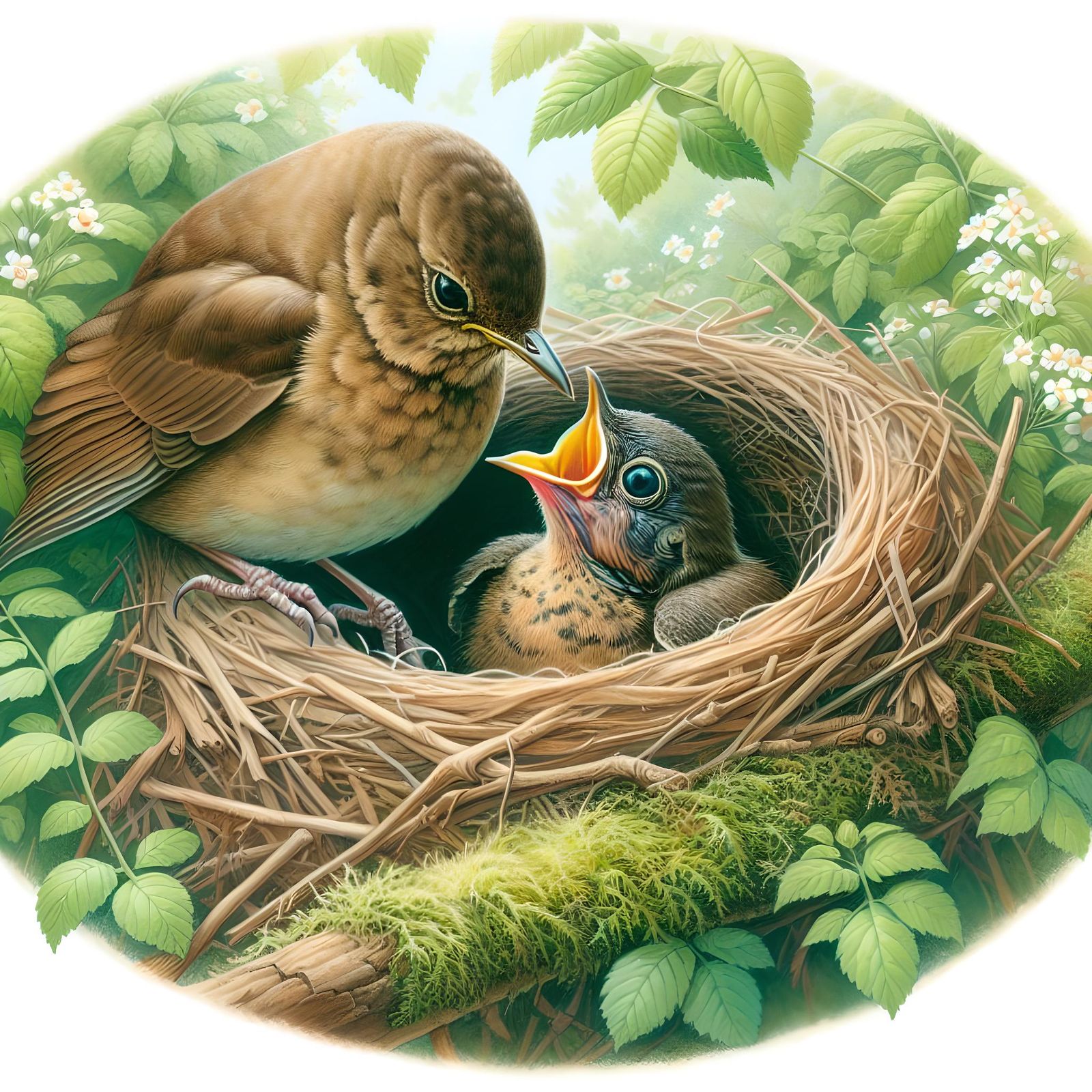 Nightingale Chick Awaiting Food: Watercolor Illustration