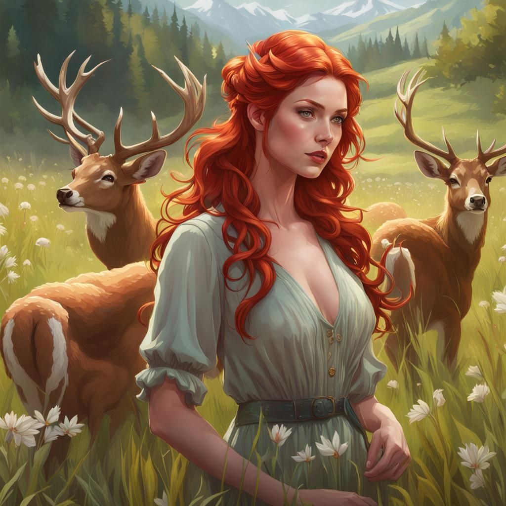 Redhead in Spring Meadow: Concept Art Portrait