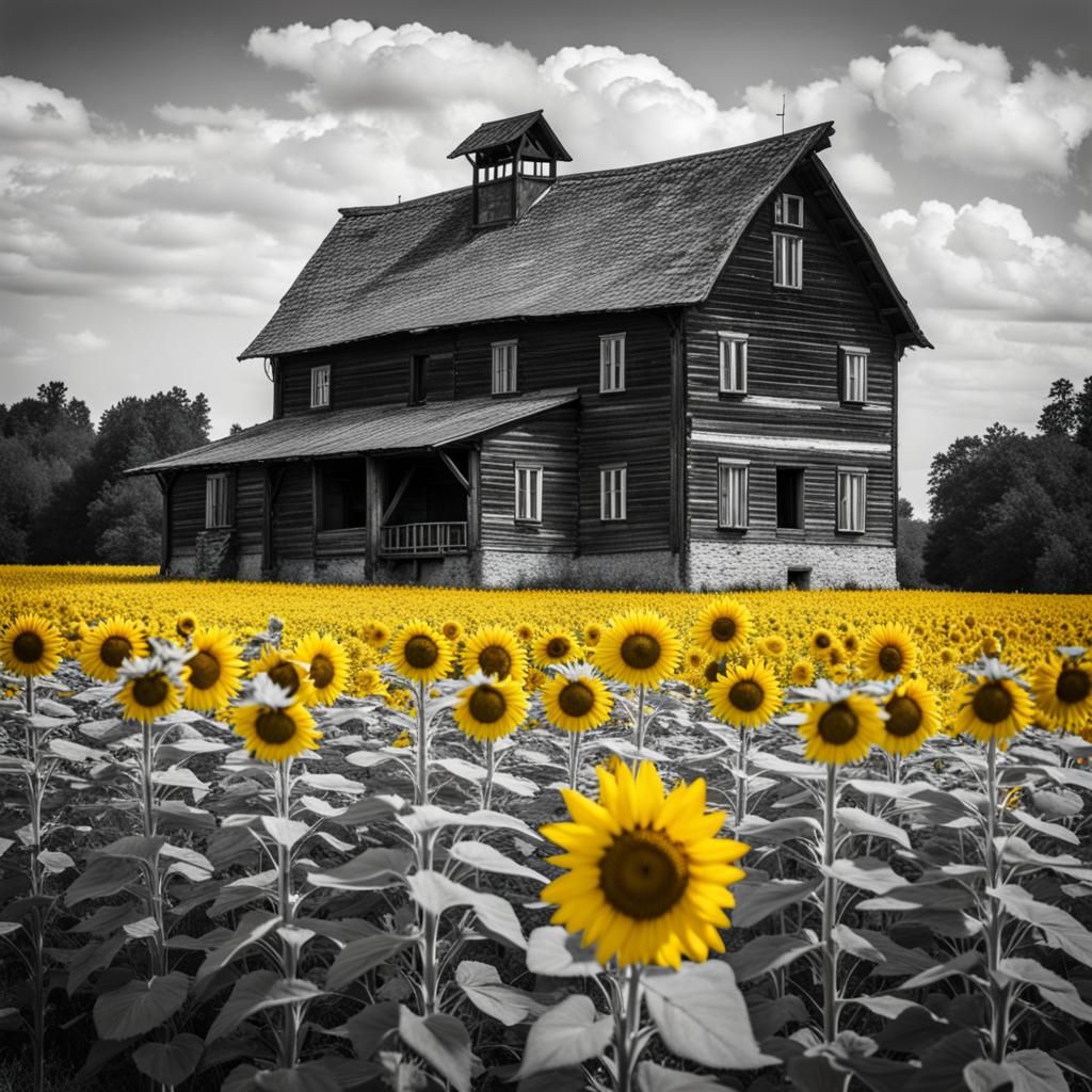 Farmhouse in Sunflower Field with Yellow Accents