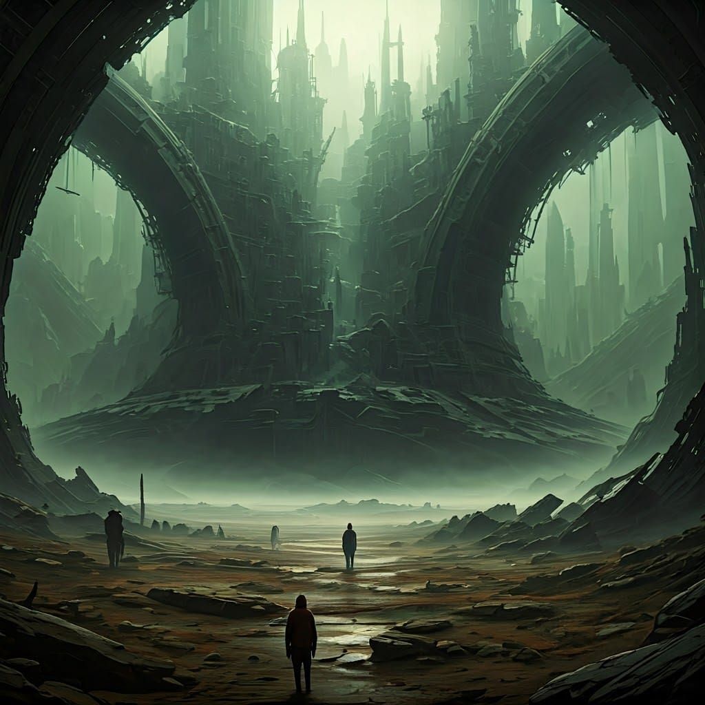 Eerie Ruined Metropolis in Barren Wasteland Concept Art