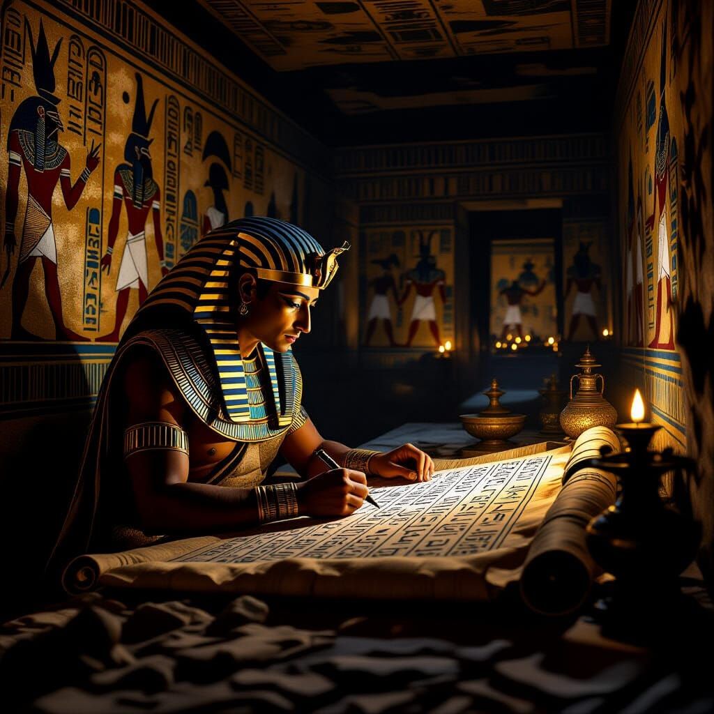 Ancient Scribe Transcribing Hieroglyphs in Dimly Lit Tomb