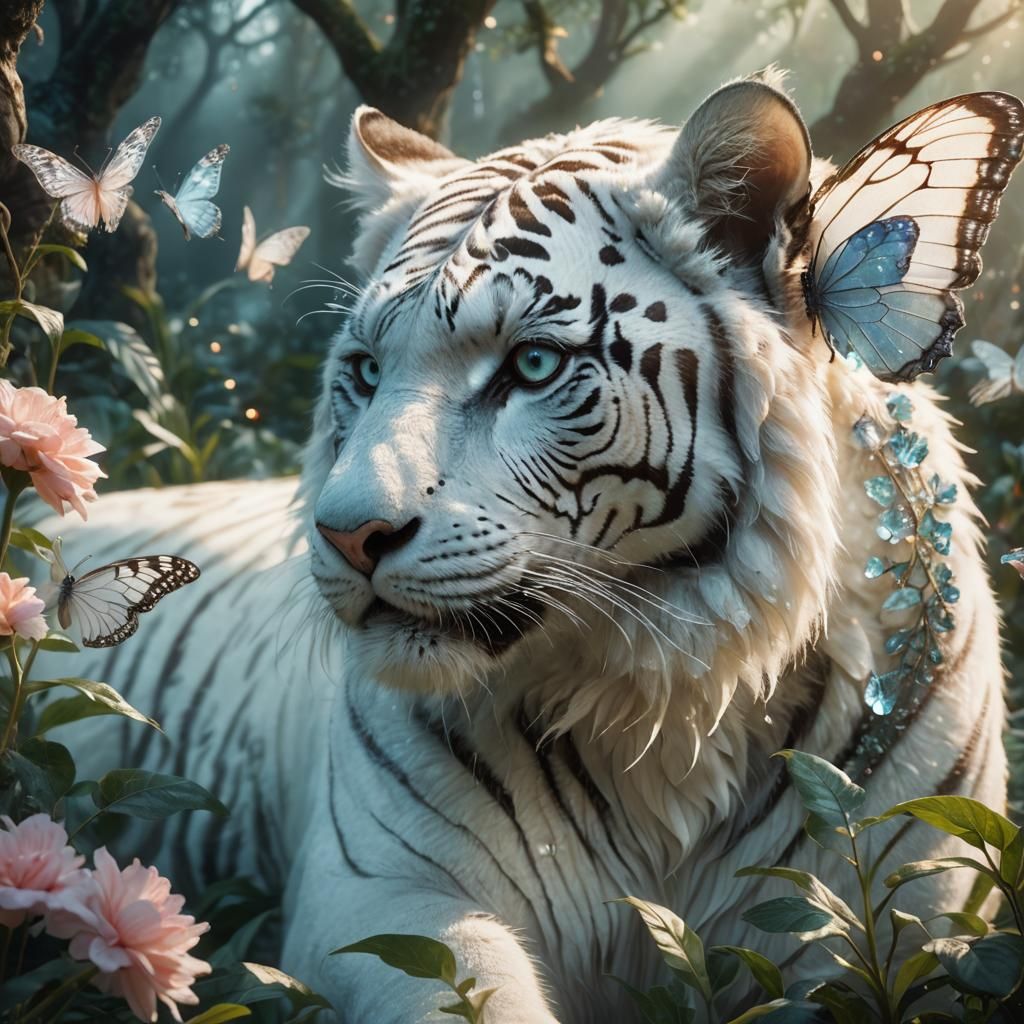 Crystal Butterfly on White Tiger in Enchanted Garden