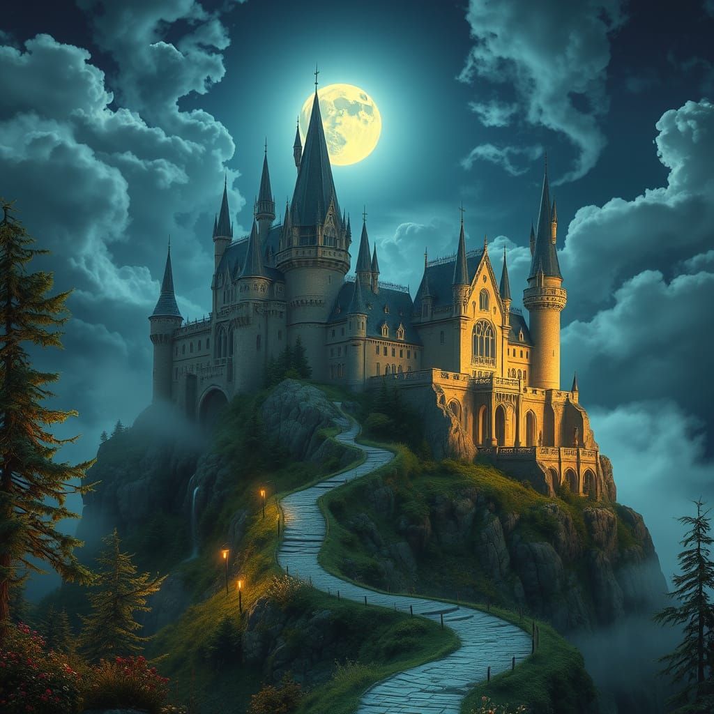 A majestic castle perched on a rocky hill, illuminated by mo...