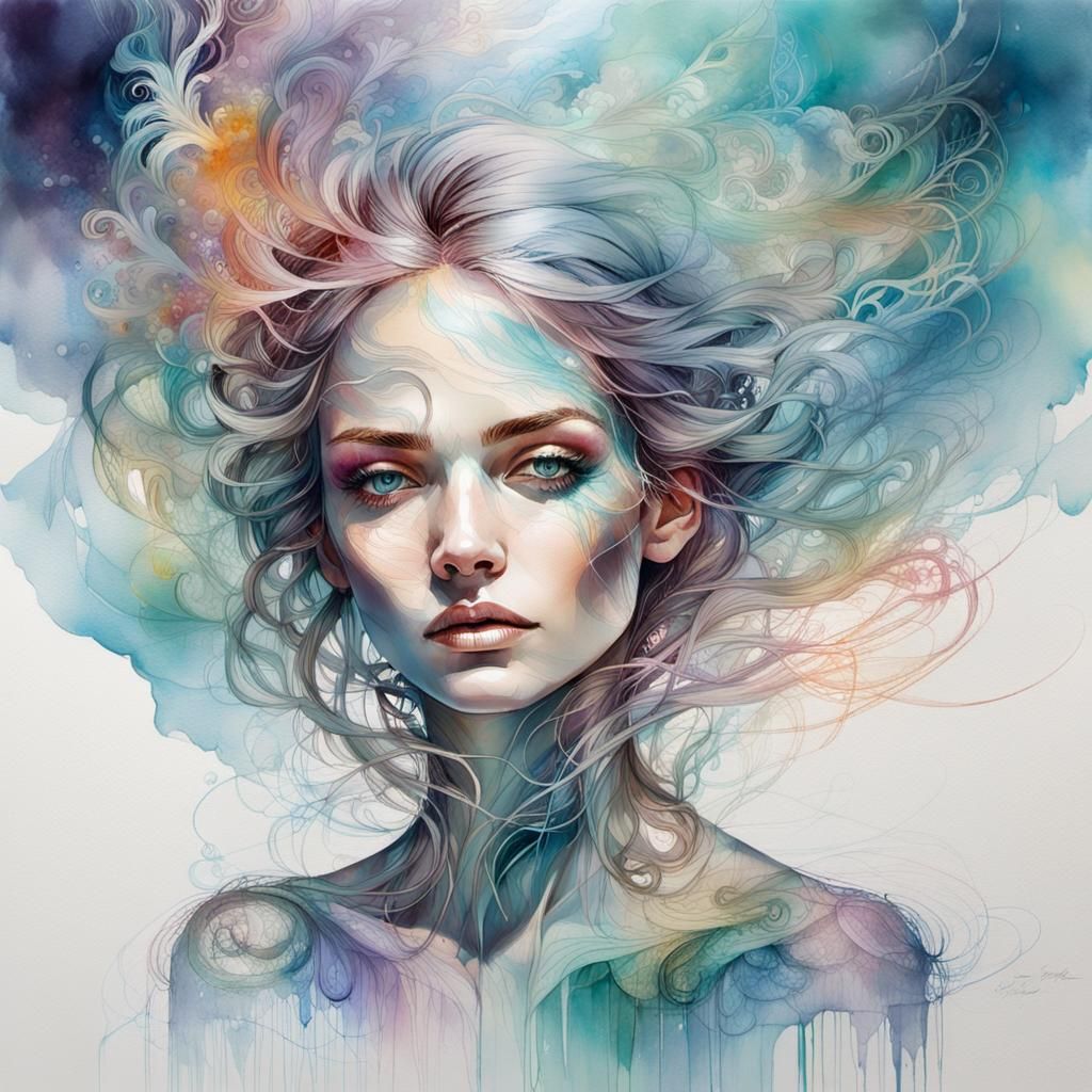 Holographic Girl with Diaphanous Skin in Watercolor Art