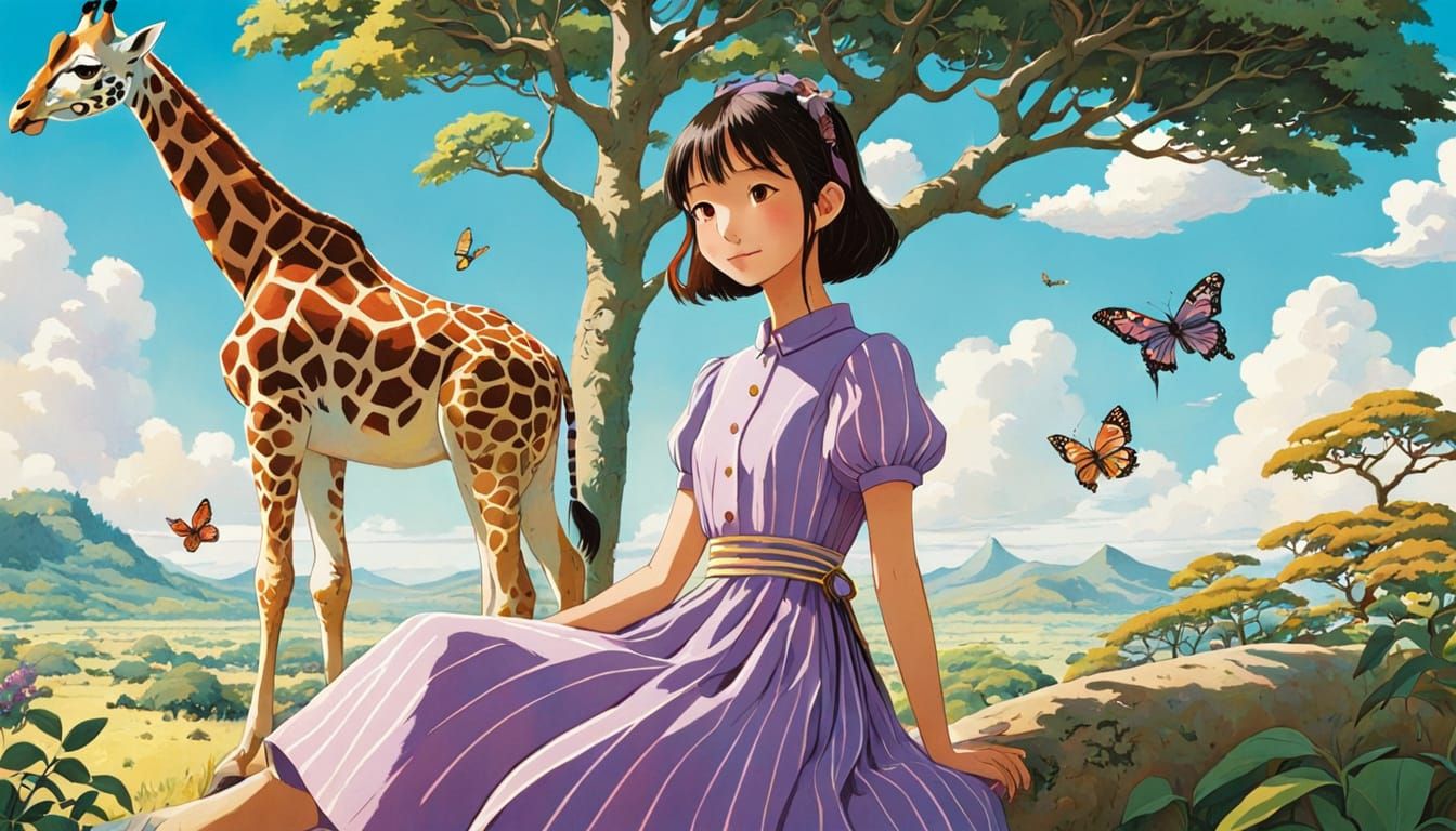 Magical Manga Giraffe Scene in Ligne Claire Style