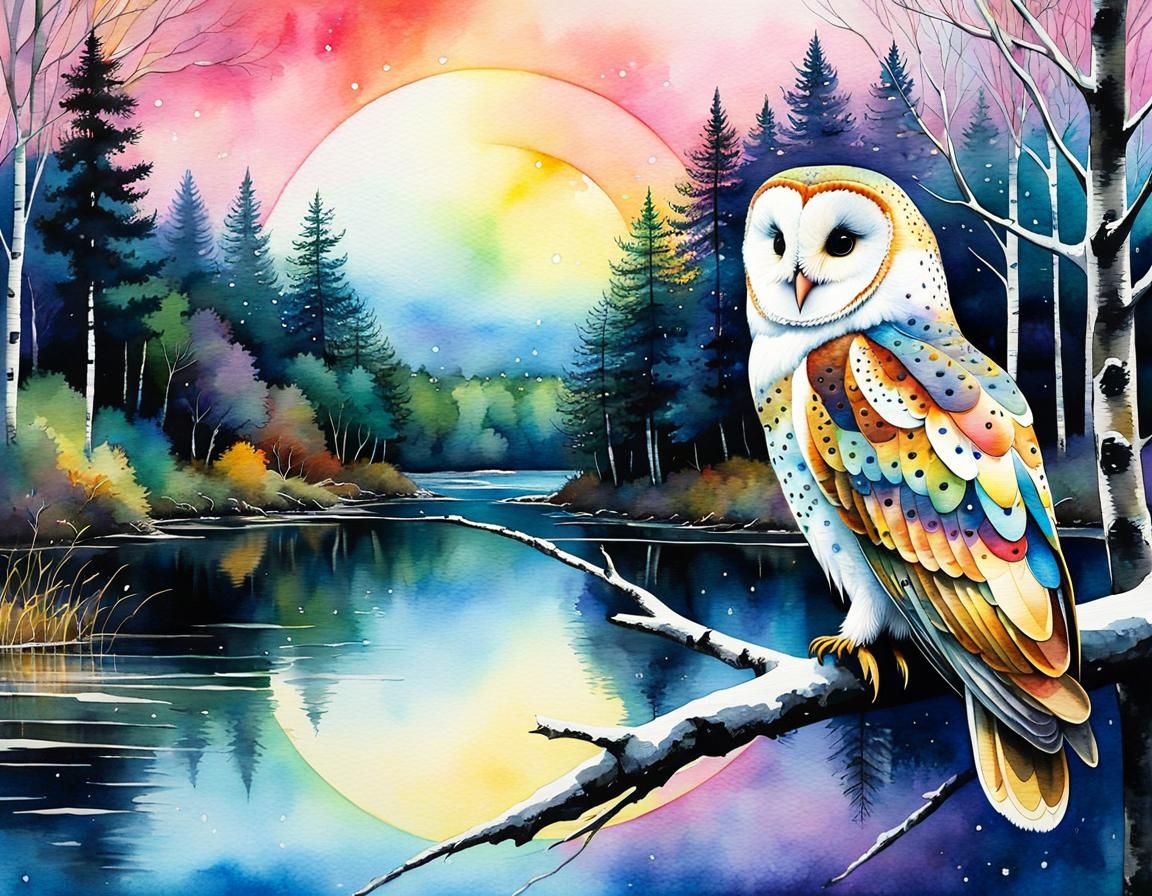 Goldenpunk Barn Owl in Dreamcore Birch Woods