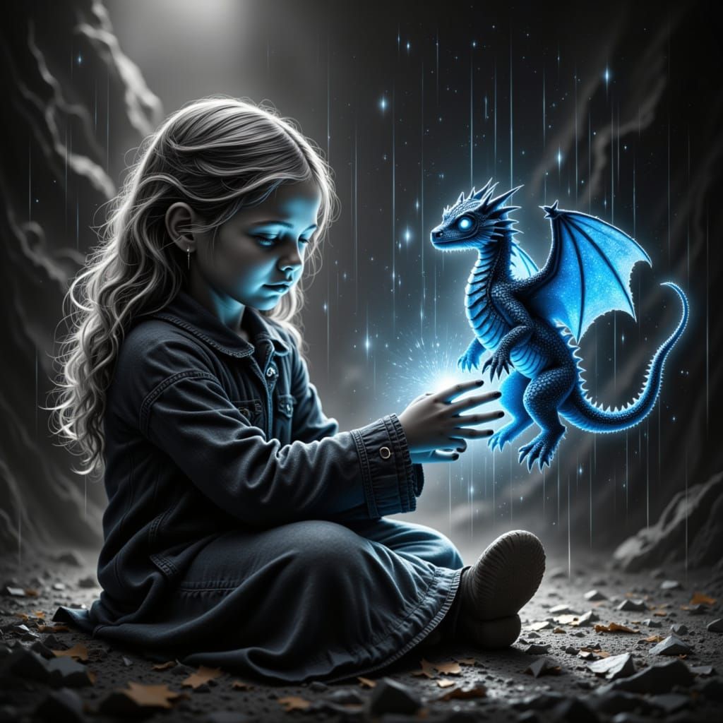 Girl Holds Glowing Baby Dragon in Monochrome Glitchcore Styl...