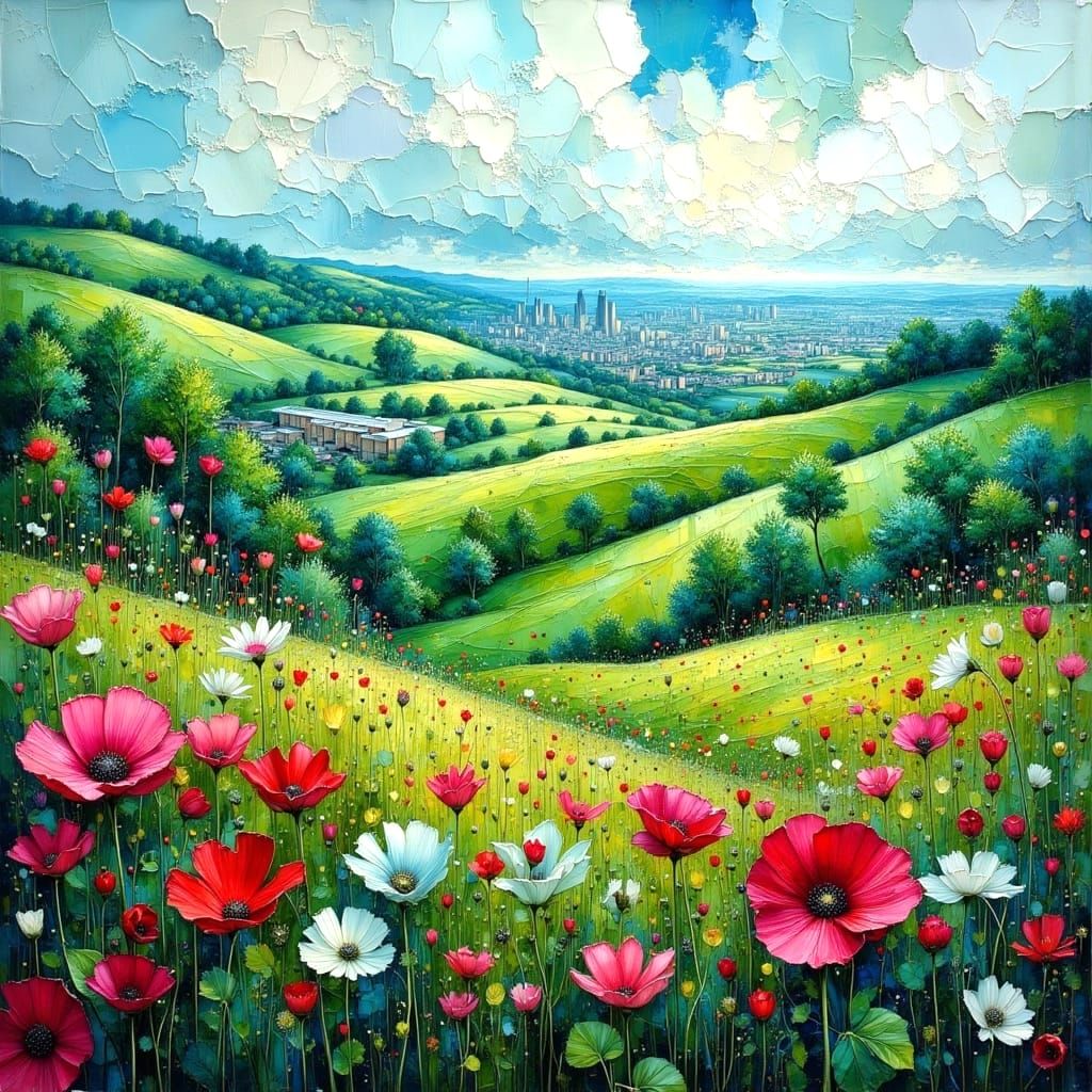 Lush Landscape with Cityscape in Impasto Oil Style