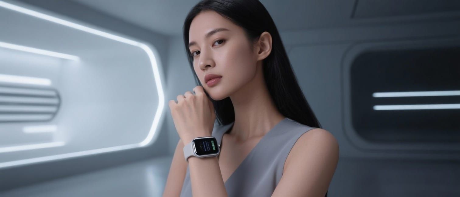 Futuristic Woman with Samsung Smartwatch in Minimalist Glow
