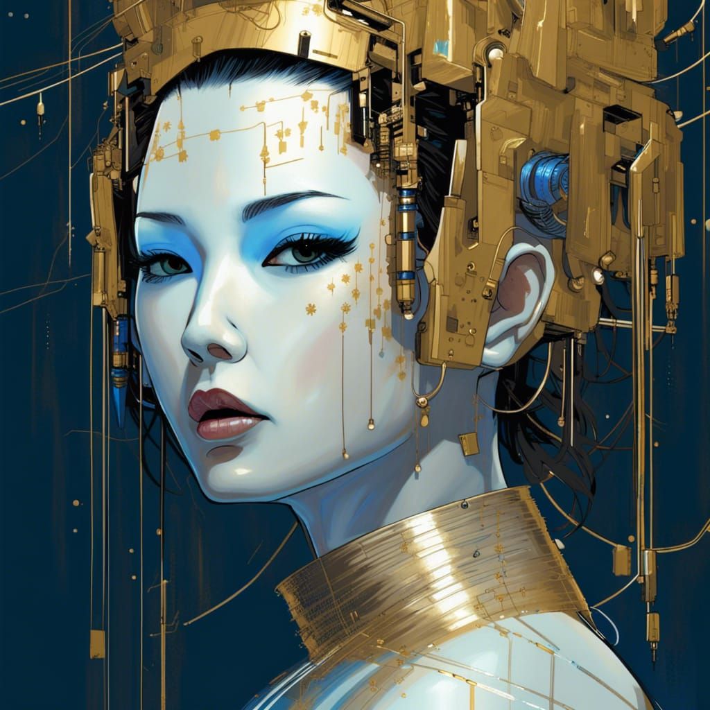 Cyberpunk Geisha with Golden Circuitry Crown