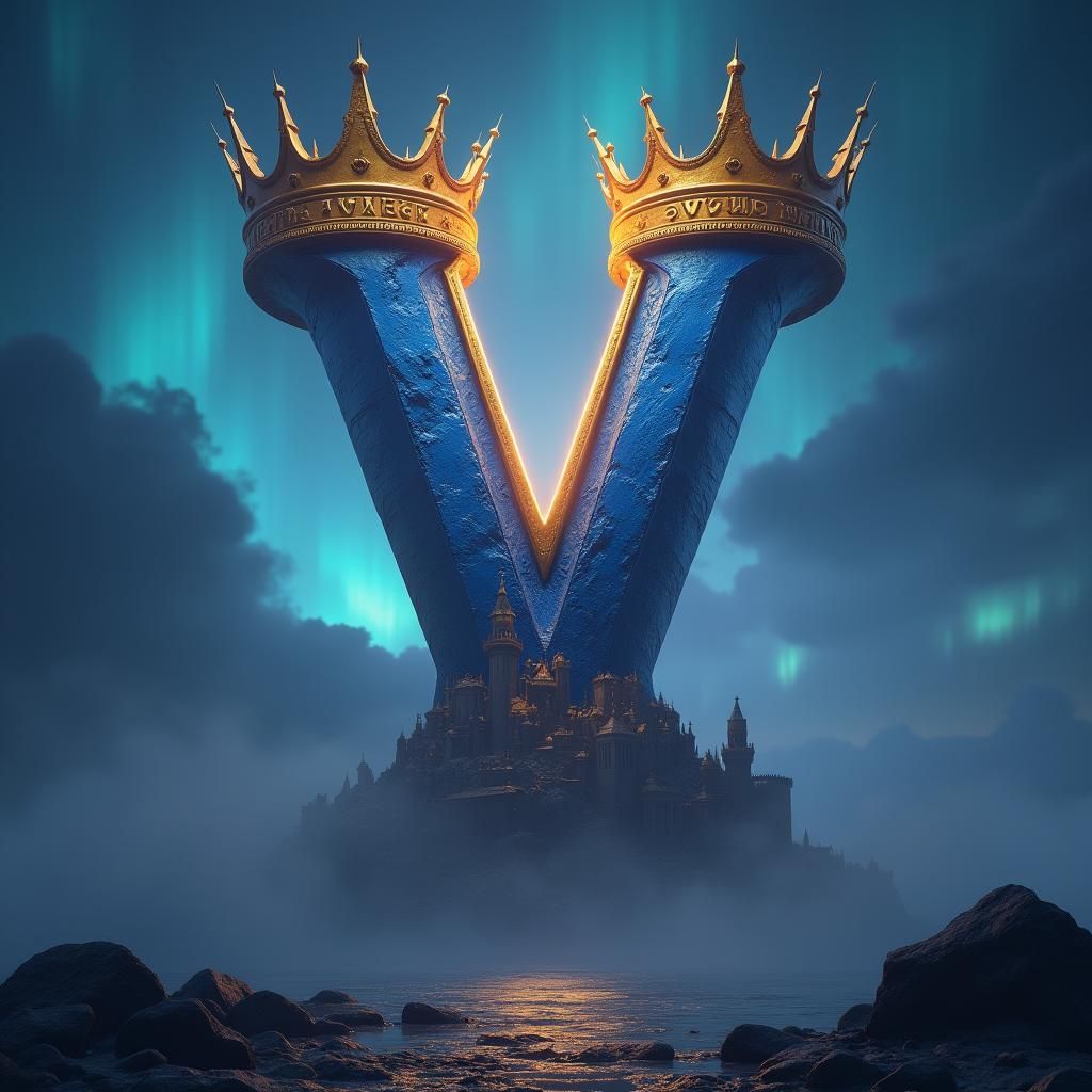 Majestic Blue Letter V with Golden Crown