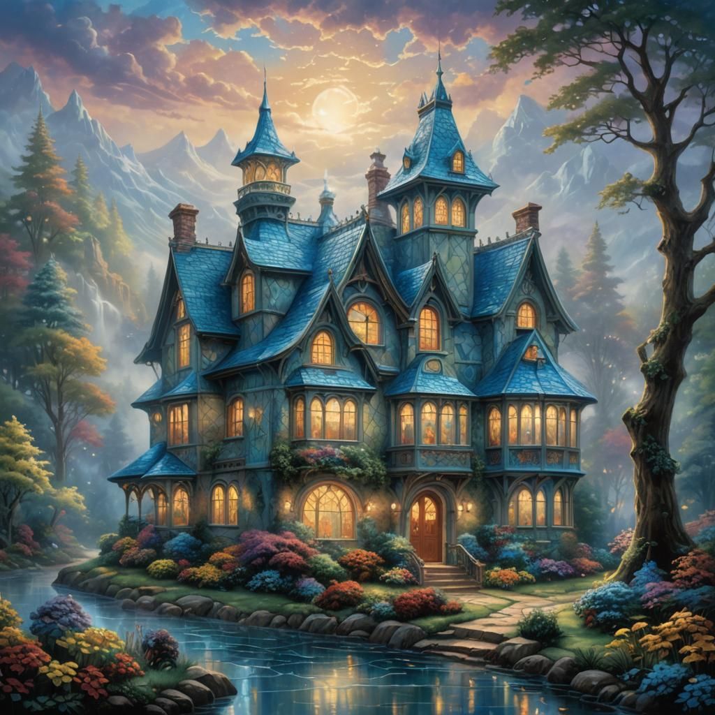 Fantastical Victorian House with Blue Leaded Glass