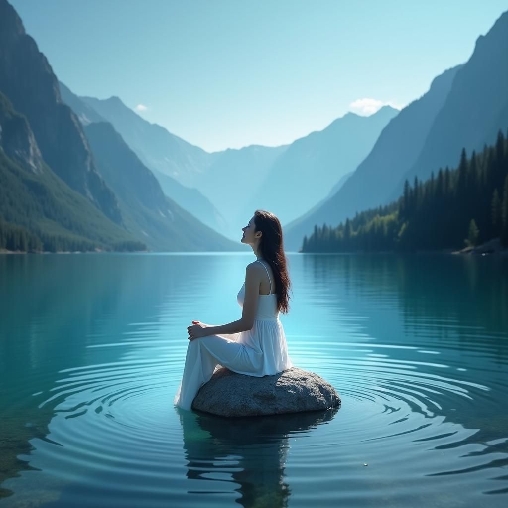 Serene Woman Meditating in Mountain Lake, Digital Art