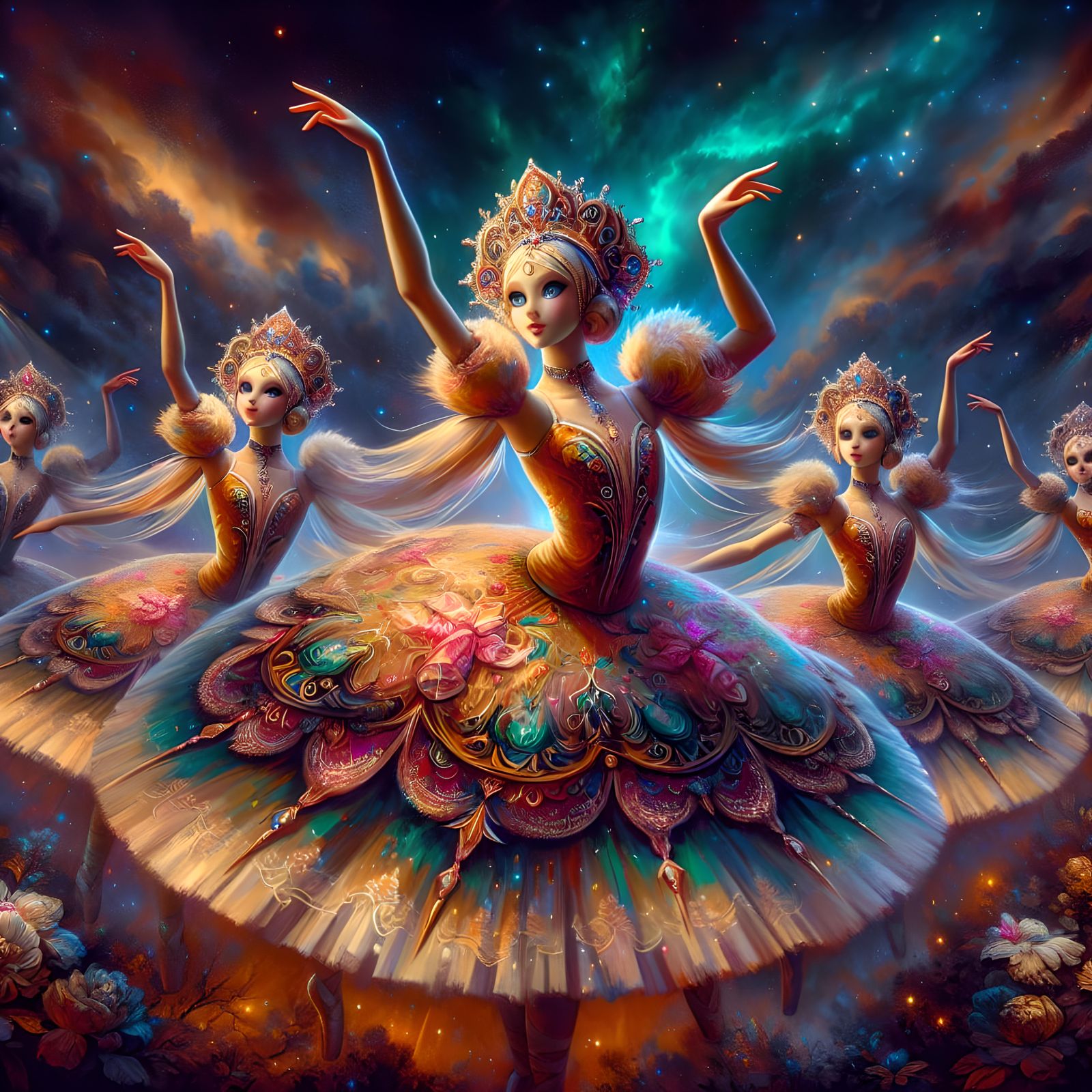 Russian Ballerina Dolls in Starry Fantasy Scene