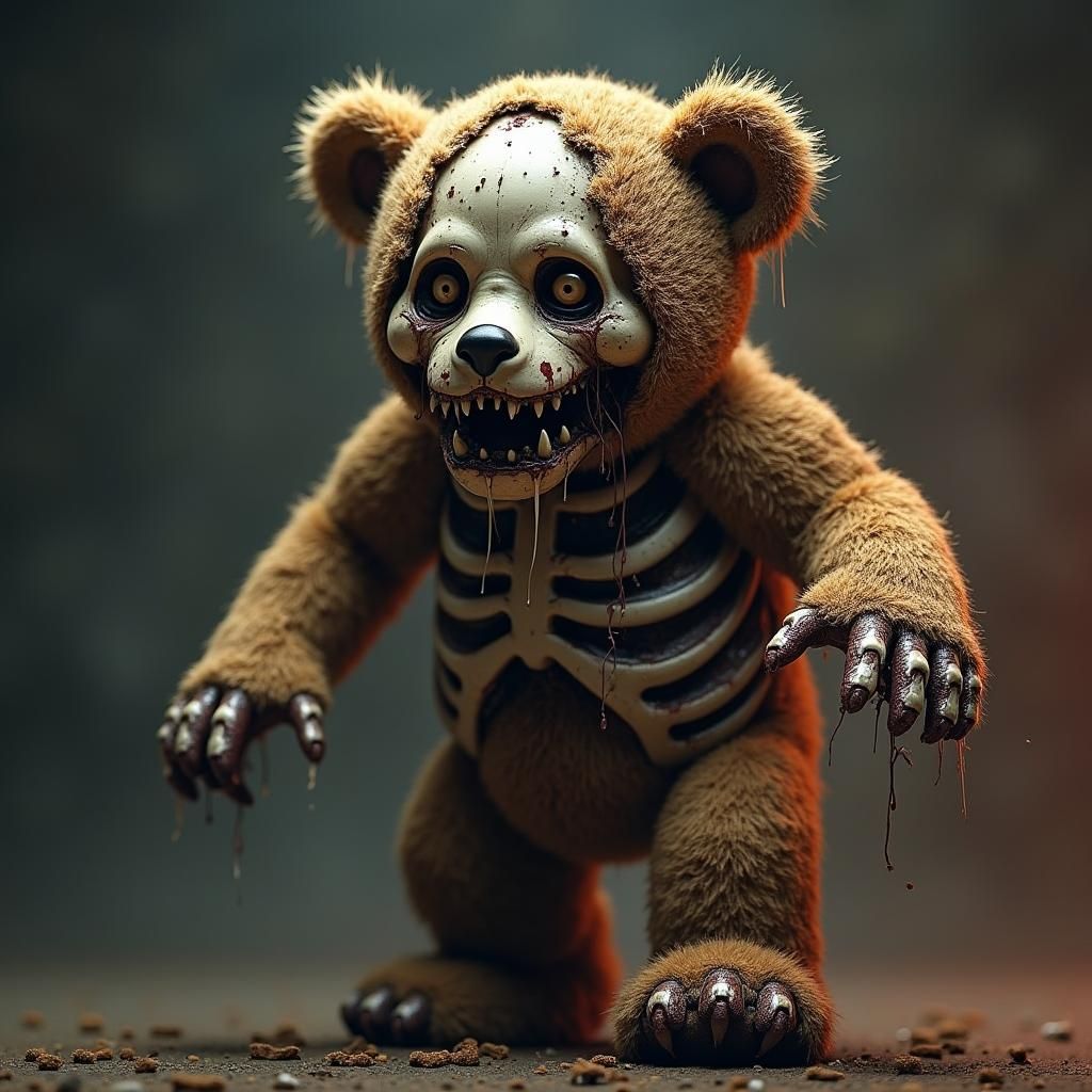 Grotesque Undead Teddy Bear with Earthy Skull and Ripped Fur