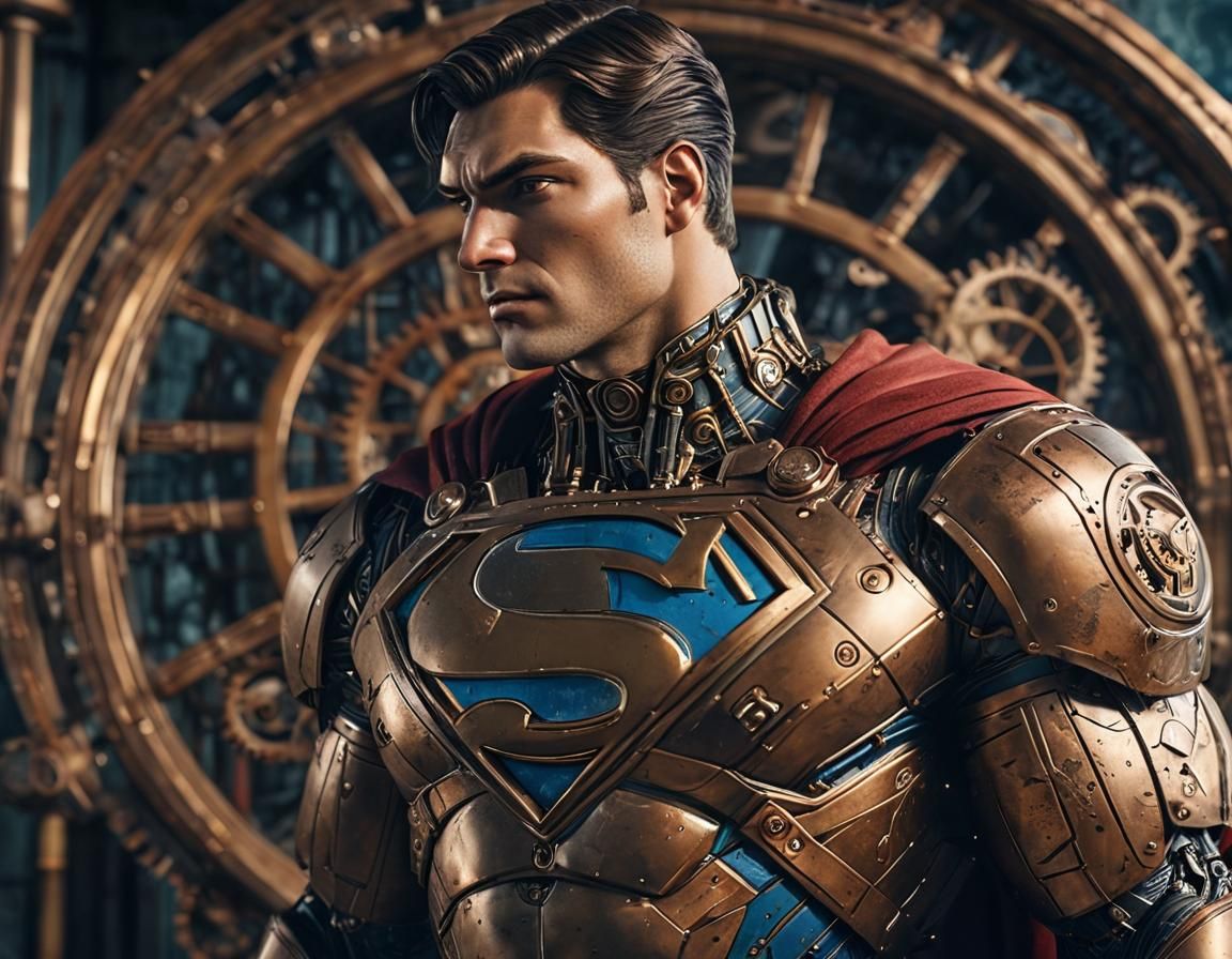 Steampunk Superman in Space with Brass Gears