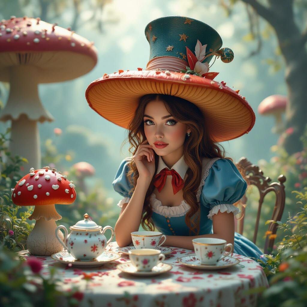 Alice and Mushroom in Surreal Dreamscape