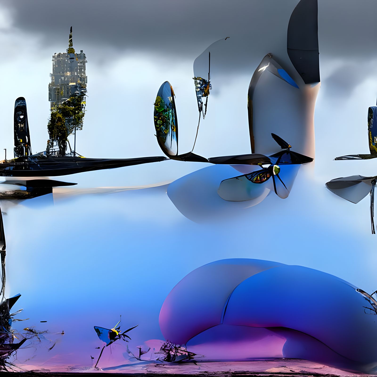 Biopunk Cityscape with Butterfly Drones in Pop Art Style