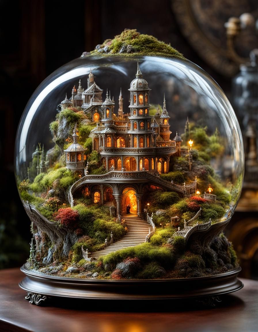 Ornate Crystal Terrarium with Miniature Hellscape